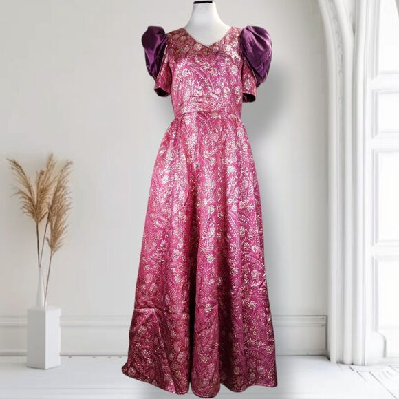 Vintage 80s Puff Sleeve Formal Maxi Dress Size L Pink Floral Brocade Fit  Flare